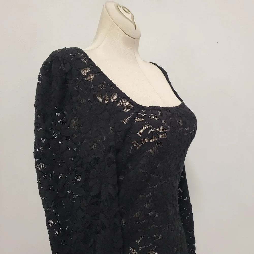 Intimately Free People Womens Crochet Square Neck Lacey Top Size M Black Sheer
